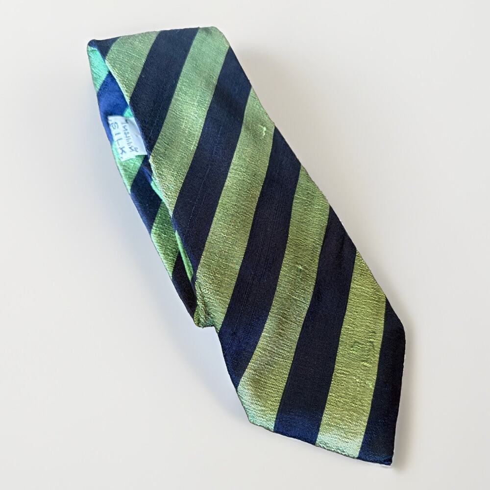 Neck Tie VTG Thai Silk Green Navy Striped Woven in Thailand 57" X 3.5"